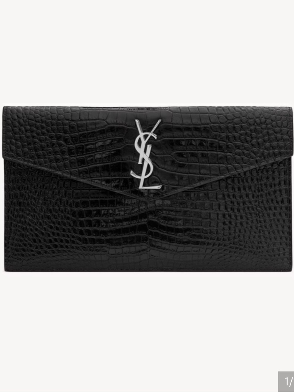 Saint Laurent Black Croc-Embossed YSL Envelope Clutch with Silver Logo